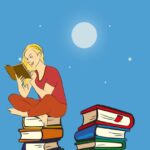Mujer animada leyendo sobre una pila de libros