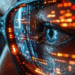 Rostro con lentes y codigo de programacion reflejandose