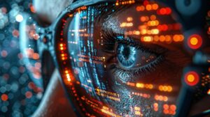 Rostro con lentes y codigo de programacion reflejandose