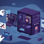 Simulación digital de una computadora en mantenimiento.