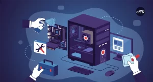 Simulación digital de una computadora en mantenimiento.