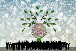 Mundo ecológico rodeado de personas y naciones unidas