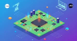 diseño digital de una placa PCB con sus componentes