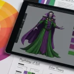 Diseño de un villano con colores verdes, oscuros y morados, al costado una paleta de colores.