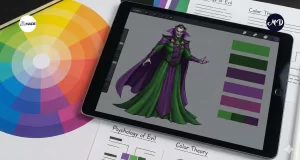 Diseño de un villano con colores verdes, oscuros y morados, al costado una paleta de colores.