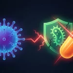 Un virus y una bacteria de fondo y sobre ellos una cápsula de algún antibiótico.