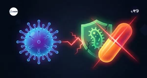 Un virus y una bacteria de fondo y sobre ellos una cápsula de algún antibiótico.