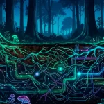 Visualización que combina biología y datos: "Una sección transversal de un bosque denso, donde las raíces de los árboles brillan y se conectan bajo tierra mediante una red luminosa de micelio que se asemeja a una placa de circuito impreso o una red neuronal digital, colores verdes y azules neón oscuros".