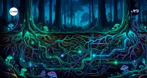 Visualización que combina biología y datos: "Una sección transversal de un bosque denso, donde las raíces de los árboles brillan y se conectan bajo tierra mediante una red luminosa de micelio que se asemeja a una placa de circuito impreso o una red neuronal digital, colores verdes y azules neón oscuros".