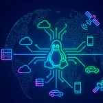 Mundo digital impulsado por el pinguino de linux, conectando satelites, telefonos, carros y otras tecnologías.