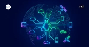 Mundo digital impulsado por el pinguino de linux, conectando satelites, telefonos, carros y otras tecnologías.