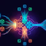 Iconos virtuales conectados entre sí, simulando un preprocesador de c.