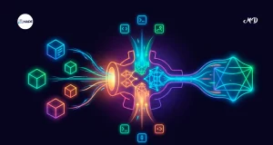 Iconos virtuales conectados entre sí, simulando un preprocesador de c.