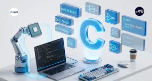 Espacio de trabajo dedicado a la programación en C, componentes electrónicos, tarjetas con código y un brazo robótico.