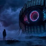 Silueta humana frente a una entidad tecnológica en forma de ojo que figura como un dios.