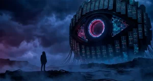 Silueta humana frente a una entidad tecnológica en forma de ojo que figura como un dios.