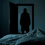 Cuarto oscuro con una silueta de un hombre con sombrero en la puerta abierta.