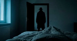 Cuarto oscuro con una silueta de un hombre con sombrero en la puerta abierta.