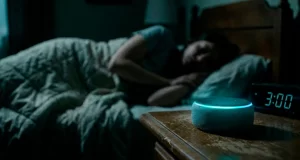 Persona durmiendo y a su lado sobre una mesa de noche un alexa.