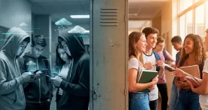 Jóvenes en un pasillo de alguna institución revisando sus celulares inmersos en sus vidas digitales, por otro lado jóvenes platicando en un pasillo sonriendo.