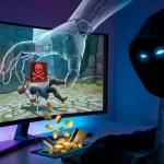 Silueta de un jugador oscuro robando recursos de un videojuego.