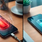 Telefonos moviles sobre un escritorio, uno con una bateria optima y el otro con una bateria estresada.