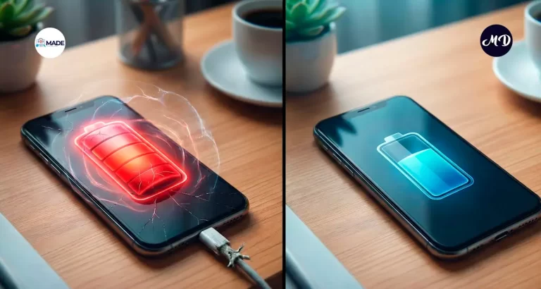 Telefonos moviles sobre un escritorio, uno con una bateria optima y el otro con una bateria estresada.