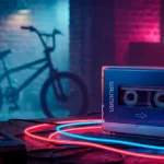 Decoración al estilo de los años 80, un walkman sobre una mesita, detras una bicicleta y tonos rojos y neón de fondo.