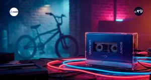Decoración al estilo de los años 80, un walkman sobre una mesita, detras una bicicleta y tonos rojos y neón de fondo.