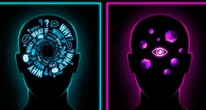 Dos siluetas de personas, una persona con muchas ideas en su mente, la segunda con figuras geométricas en su cabeza.