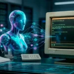 Un robot digital enviando información y datos a través de una silueta hacia una computadora vieja.