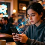 Una joven sentada observando su celular, mientras se muestra una silueta saliendo del celular y almacena esos sonidos.