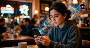 Una joven sentada observando su celular, mientras se muestra una silueta saliendo del celular y almacena esos sonidos.