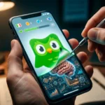 Aplicación de duolingo y debajo un cerebro para entender cómo funciona el sistema interno de Duo.