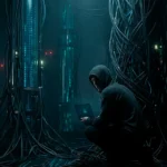 Humano con una sudadera entre cableados de redes, leds que simulan ojos.