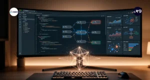 Computadora de escritorio mostrando un panel de trabajo con un dashboard de ia.