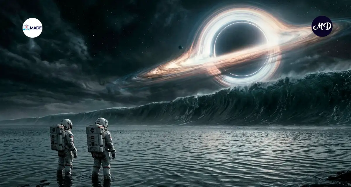 Dos astronautas observando como olas enormes vienen hacia ellos y de fondo, sobre el horizonte un agujero negro.