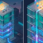 Edificio digital simulando las capas del modelo osi hasta llegar a la capa 7 dónde está el usuario.