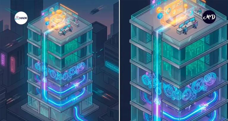 Edificio digital simulando las capas del modelo osi hasta llegar a la capa 7 dónde está el usuario.