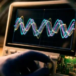 Osciloscopio con ondas en la pantalla y observado a través de una lente.