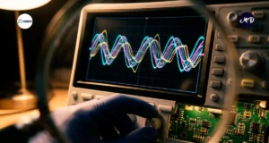 Osciloscopio con ondas en la pantalla y observado a través de una lente.