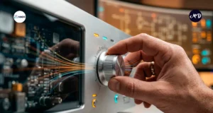 Una perilla de un aparato de sonido, conectada a un circuito interno.