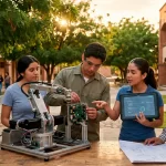 Alumnos de la universidad revisando sus proyectos sobre la mesa, diferentes disciplinas.