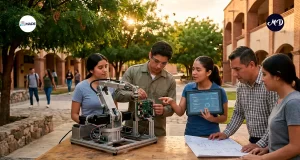 Alumnos de la universidad revisando sus proyectos sobre la mesa, diferentes disciplinas.