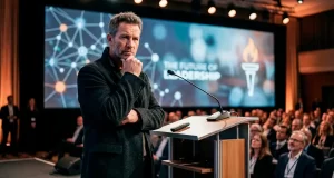 Hombre observando mientras que una audiencia espera su opinion.