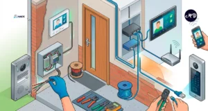 Diseño isometrico de una instalación de videoportero analógico o IP por MADE Ingeniería.