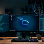 Setup de un hacker ético con 3 monitores en uso de Kali Linux.