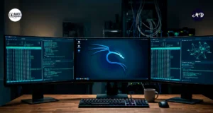Setup de un hacker ético con 3 monitores en uso de Kali Linux.