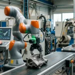 Linea de producción de una fabrica, con algunos brazos roboticos.