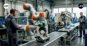 Linea de producción de una fabrica, con algunos brazos roboticos.